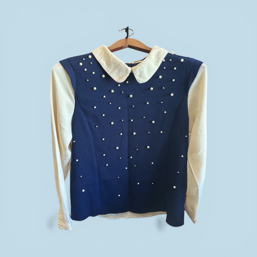 Navy Pearl-Embellished Blouse with White Collar Preppy Business Casual Shirt